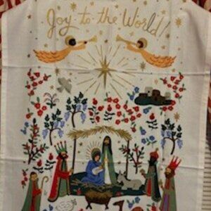 Vibrant printed Tea Towel of Nativity Scene for Christmas Artwork on Linen